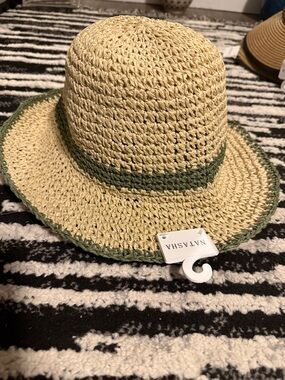 Natasha Couture Beige Straw Sun Hat with Green Trim